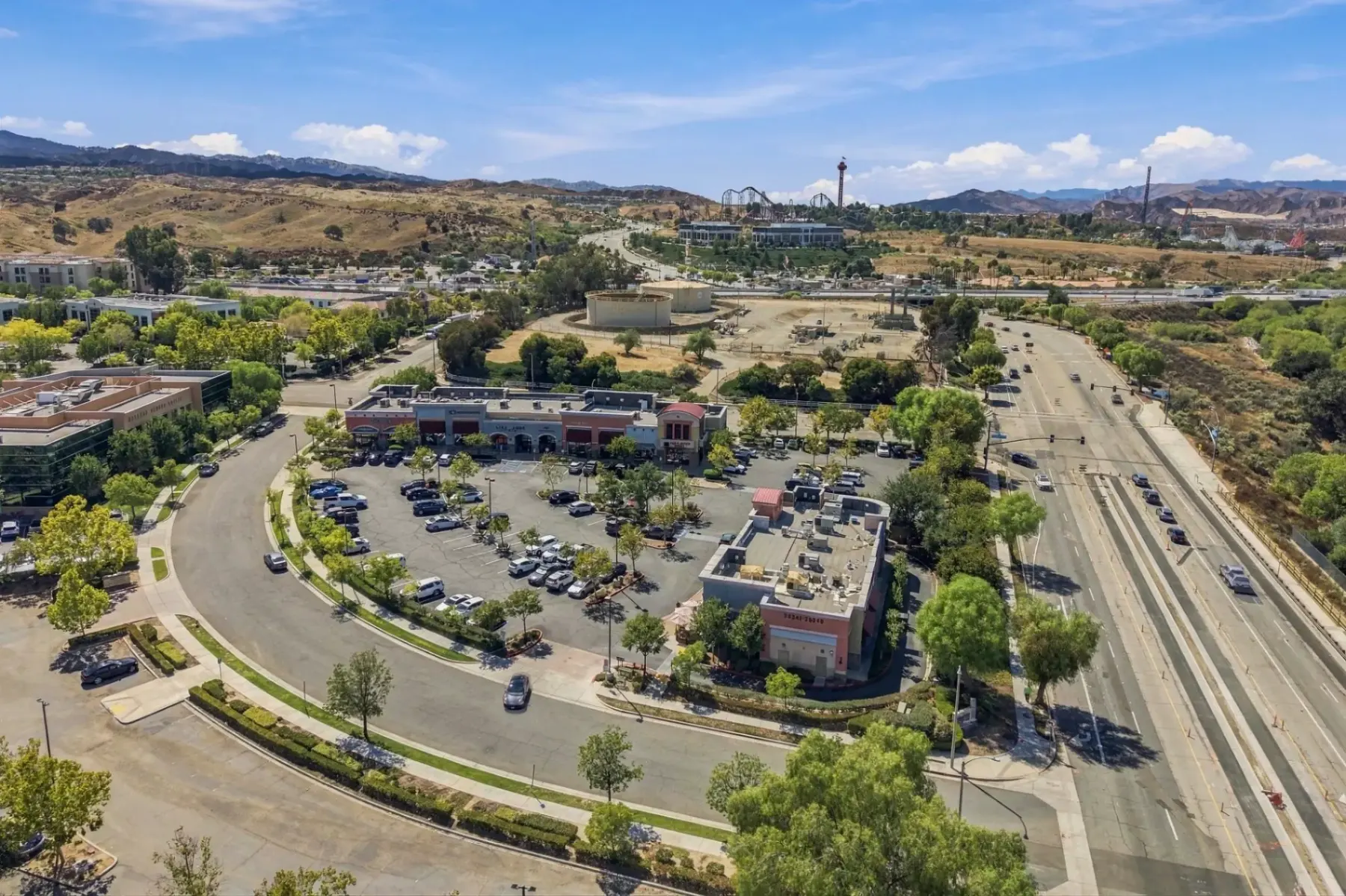 Aerial view of the shopping center at 25385 Wayne Mills Pl in Valencia, Santa Clarita