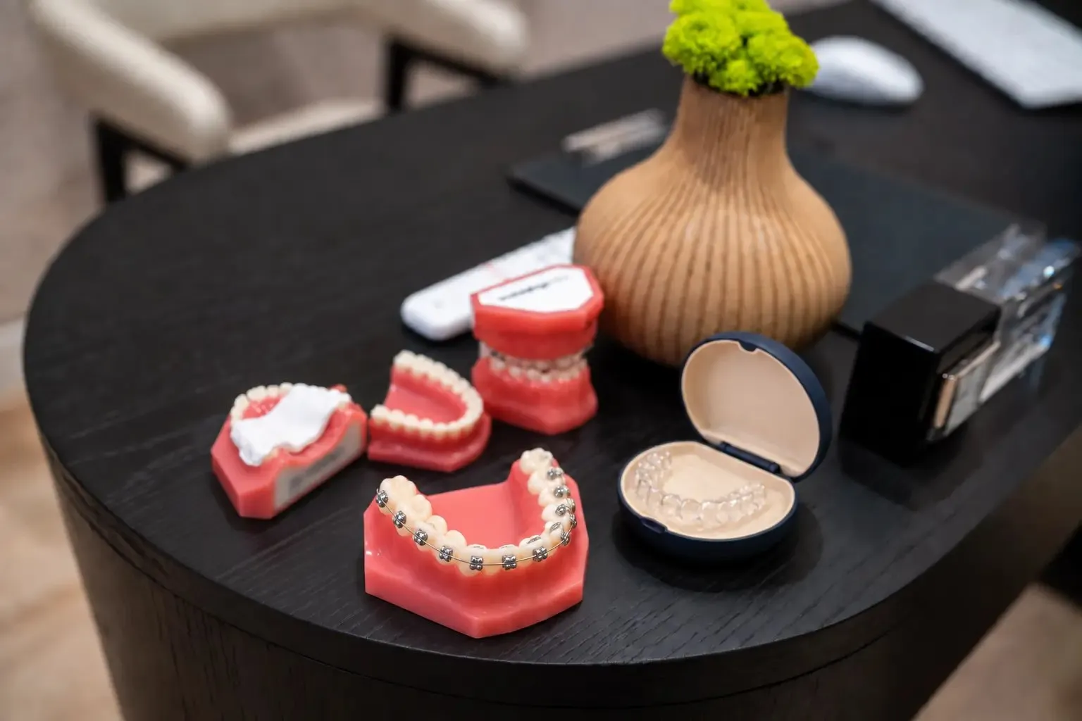 Close-up of braces on a model at SC Orthodontics